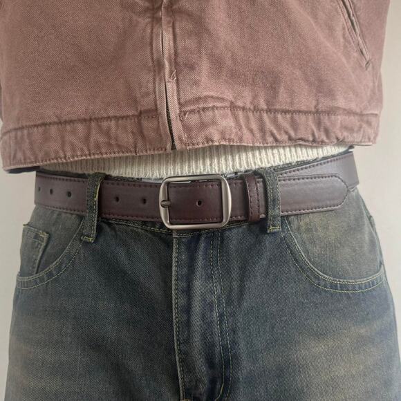 Vintage Coffee Brown Single Stitch Leather Belt with Silver Buckle - Picture 1 of 10